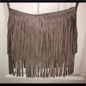 Grey Suede Fringed Crossbody Bag